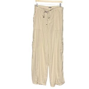 MAURICES linen wide leg elastic drawstring cargo pant cream/tan Size 10 LONG